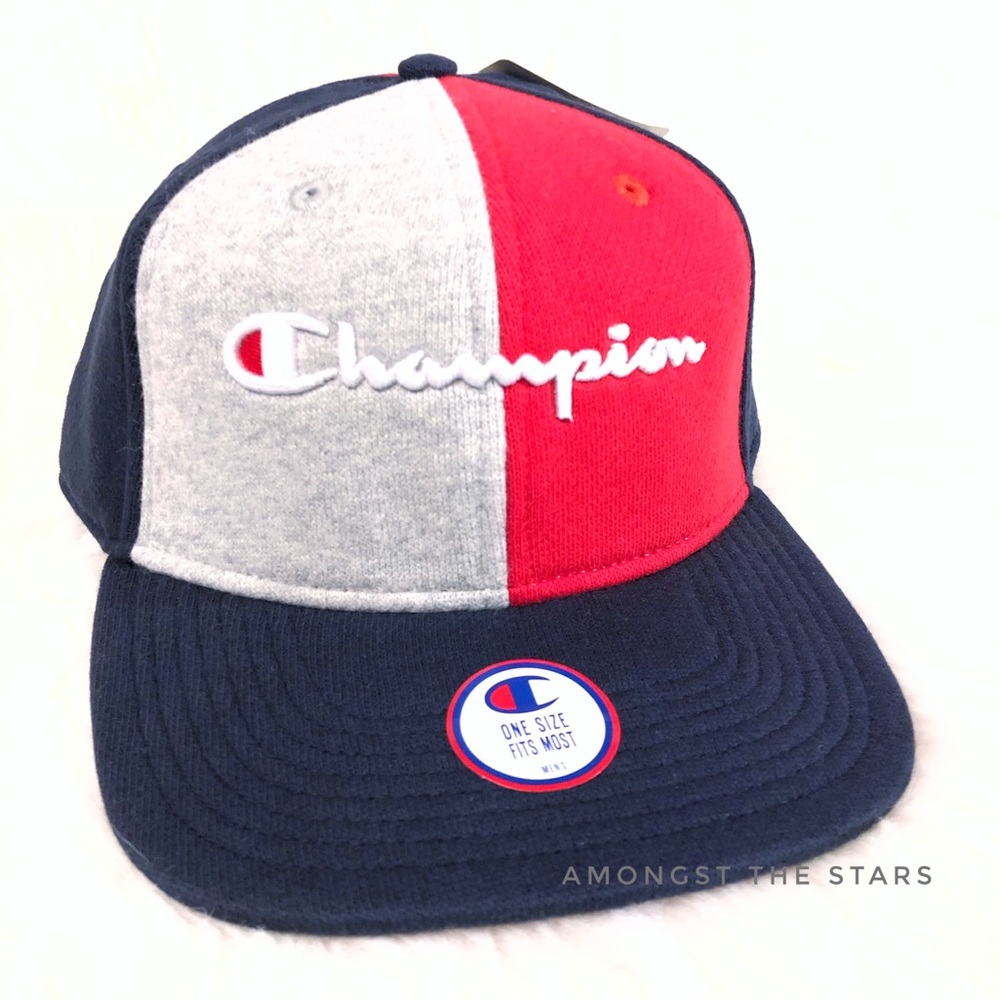 Champion Reverse Weave Red Blue Grey Strapback Hat - Picture 2 of 7